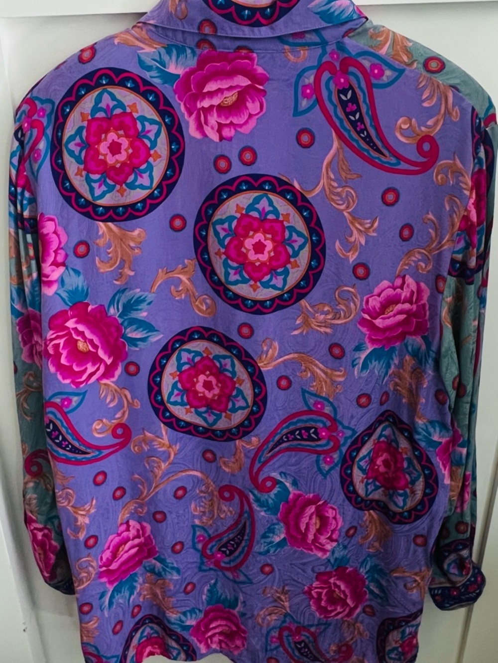 Bob Mackie Wearable Art Silk Blouse Large Purple Paisley Floral Button Front Top - Picture 5 of 10